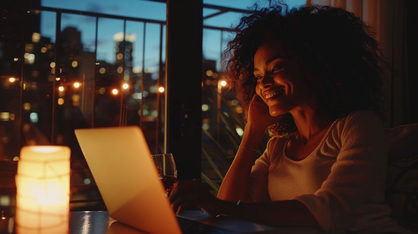 A woman smiling at her laptop in the evening, city lights behind her