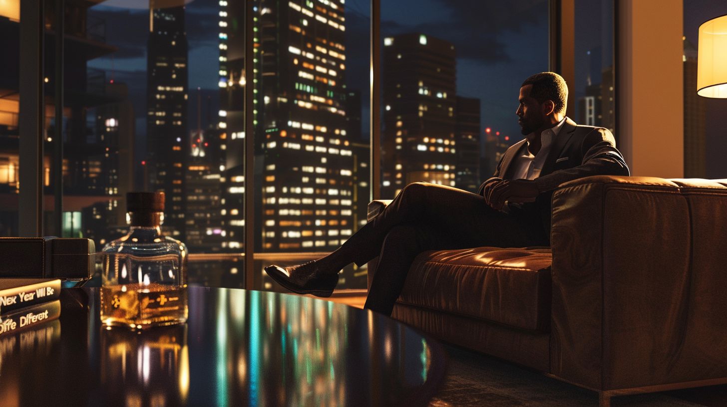 A man relaxing on a sofa at night with a city skyline behind him
