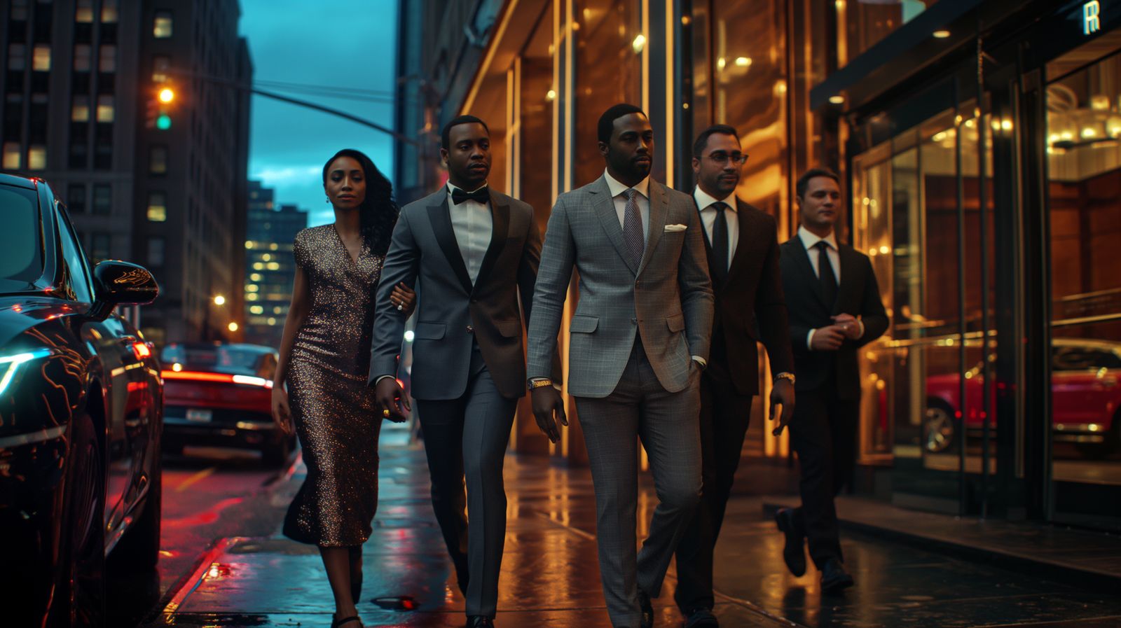 A group of well-dressed friends walking a city street together at night