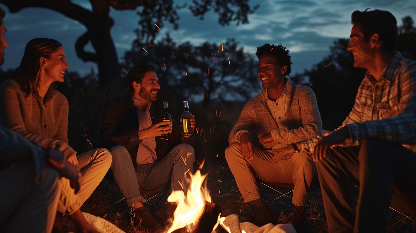 Friends gathered around a campfire at dusk