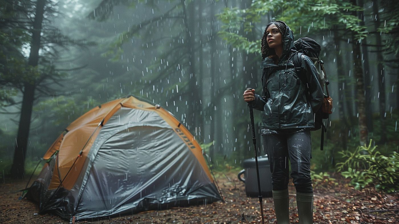 A solo hiker with a trekking pole beside her tent in a rainy forest